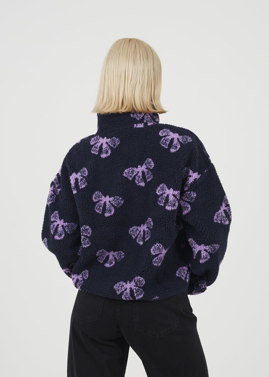Brave Soul Navy Graphic Bow Print Zip Through Sherpa Fleece
