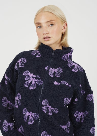 Brave Soul Navy Graphic Bow Print Zip Through Sherpa Fleece
