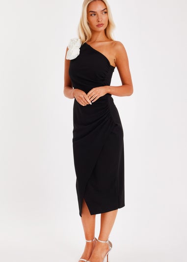 Quiz Black Corsage One Shoulder Midi Dress