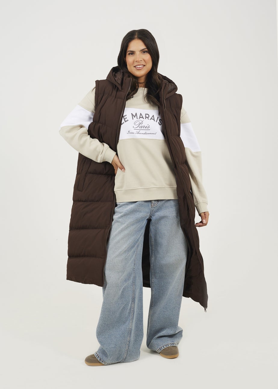 Brave Soul Chocolate Maxi Hooded Puffer Jacket with Detachable Sleeves