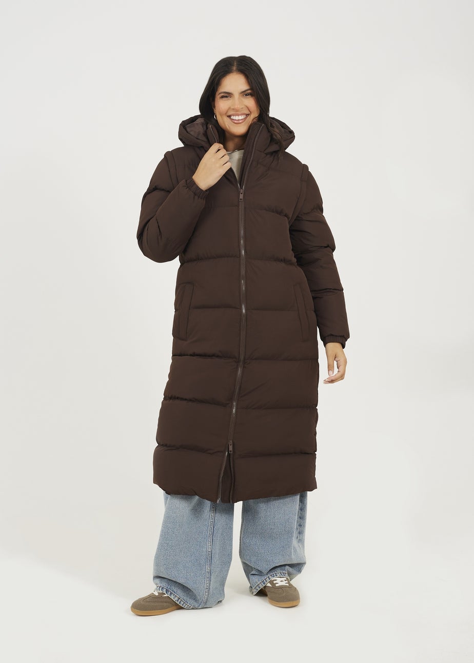 Brave Soul Chocolate Maxi Hooded Puffer Jacket with Detachable Sleeves