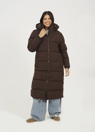Brave Soul Chocolate Maxi Hooded Puffer Jacket with Detachable Sleeves