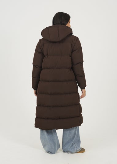 Brave Soul Chocolate Maxi Hooded Puffer Jacket with Detachable Sleeves