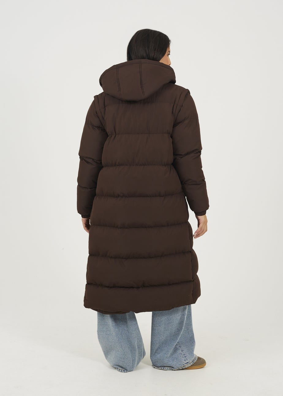 Brave Soul Chocolate Maxi Hooded Puffer Jacket with Detachable Sleeves