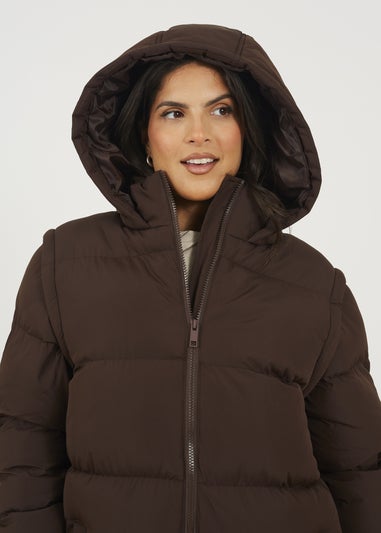 Brave Soul Chocolate Maxi Hooded Puffer Jacket with Detachable Sleeves