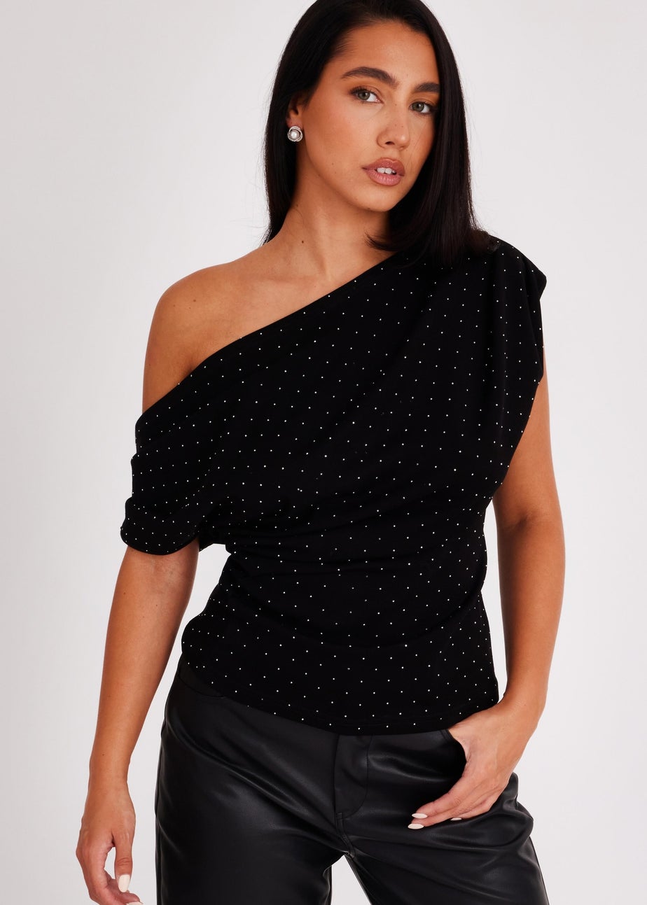 Quiz Black Diamante Drape Neck Top