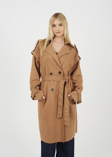 Brave Soul Tan Faux Suede Double Breasted Trench Coat