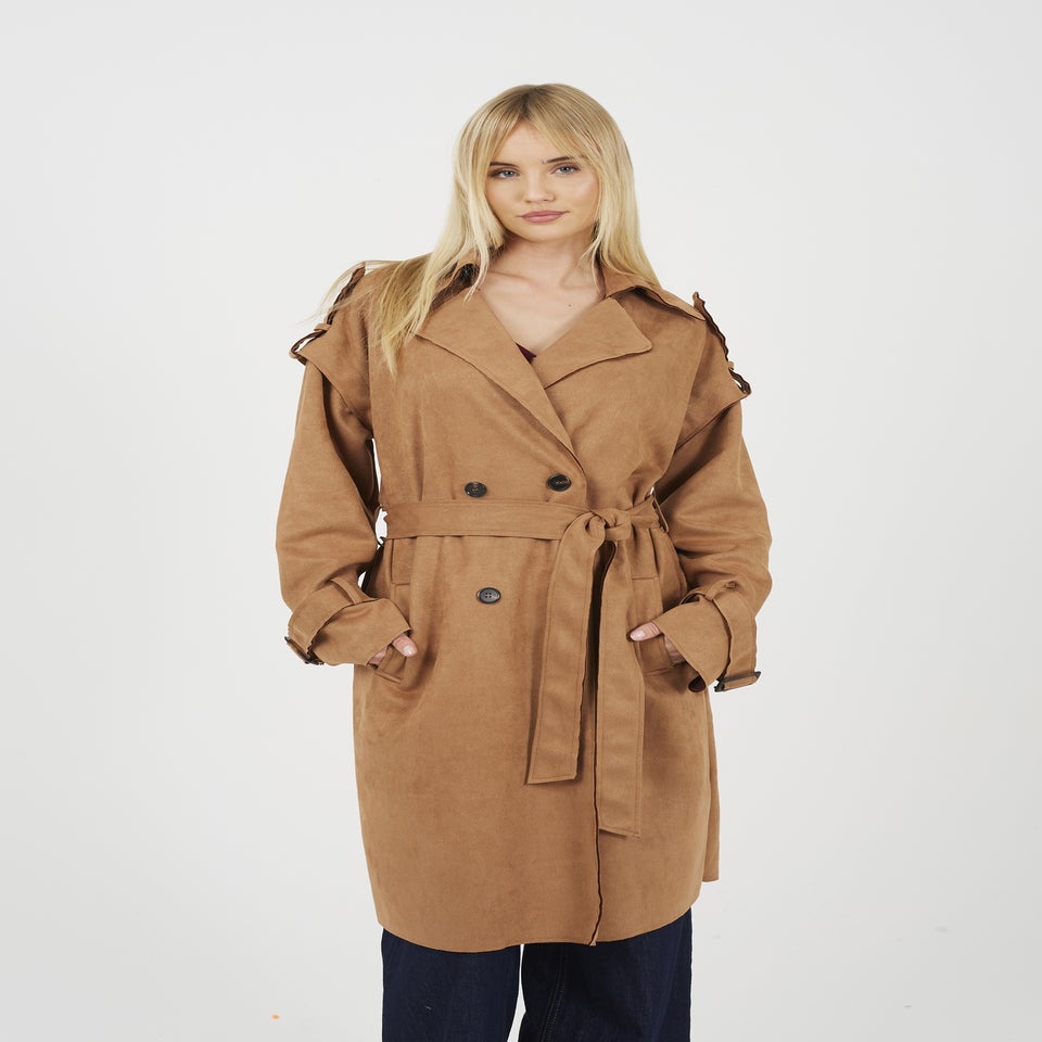 Brave Soul Tan Faux Suede Double Breasted Trench Coat