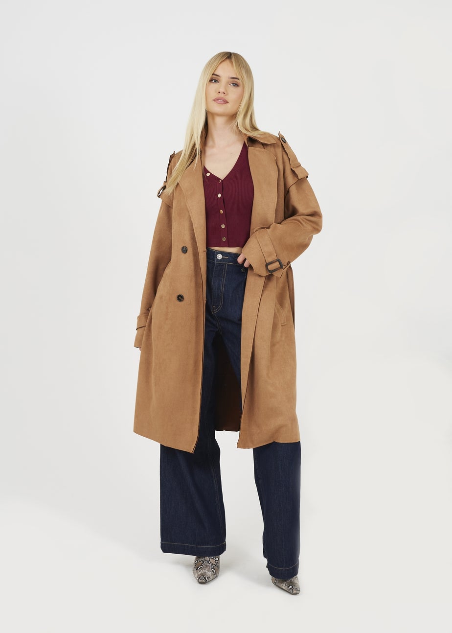 Brave Soul Tan Faux Suede Double Breasted Trench Coat