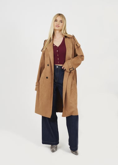 Brave Soul Tan Faux Suede Double Breasted Trench Coat