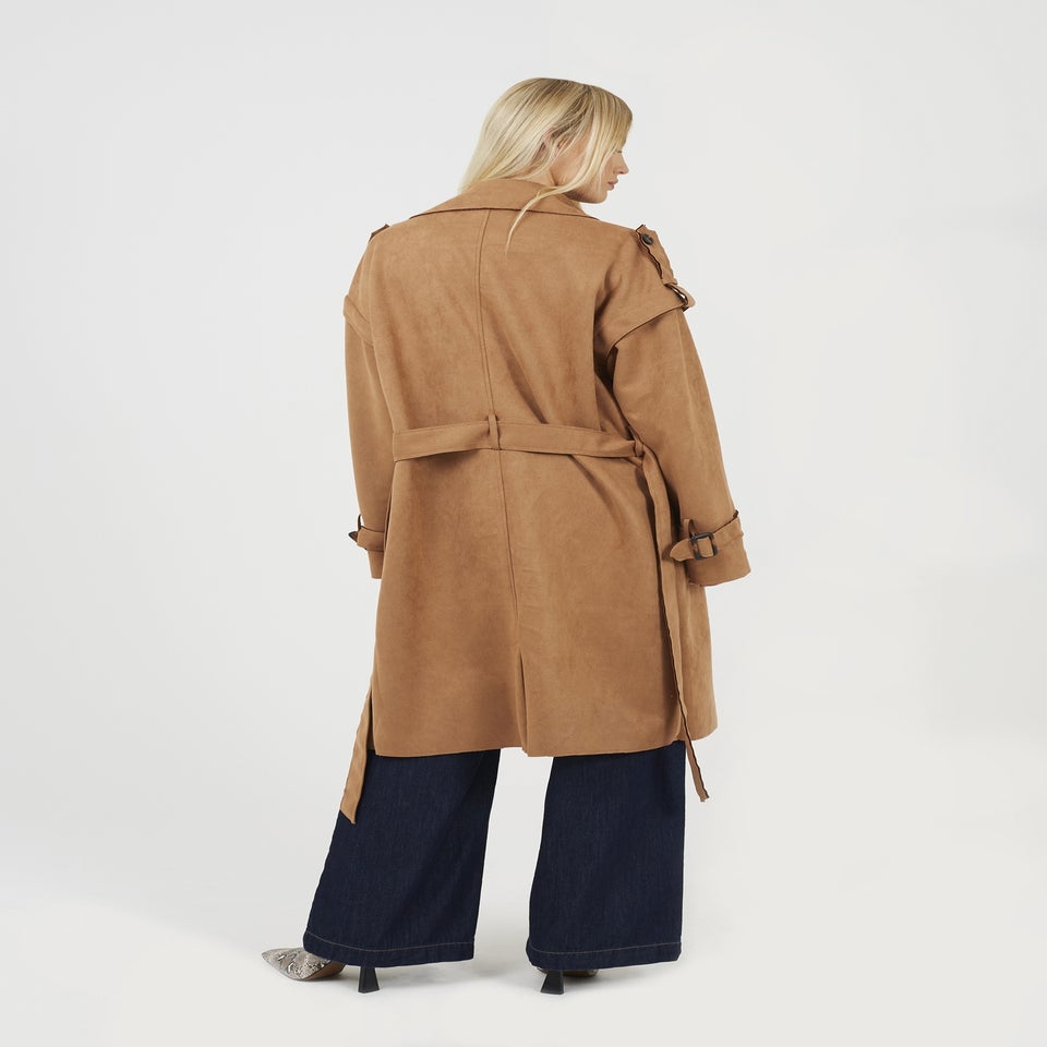 Brave Soul Tan Faux Suede Double Breasted Trench Coat