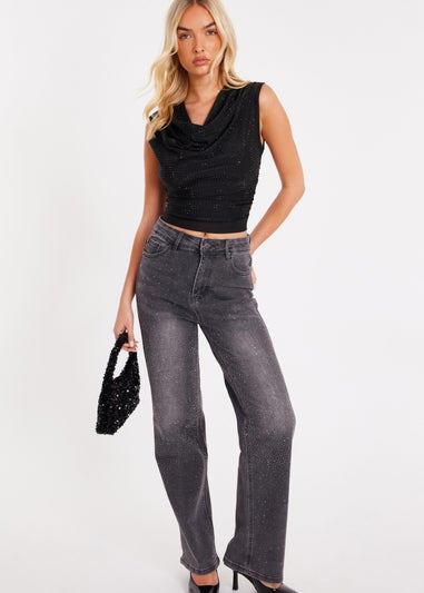 Quiz Grey Diamante Embellished Jeans
