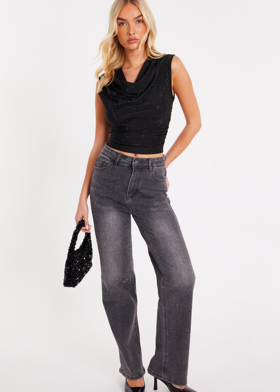 Quiz Grey Diamante Embellished Jeans