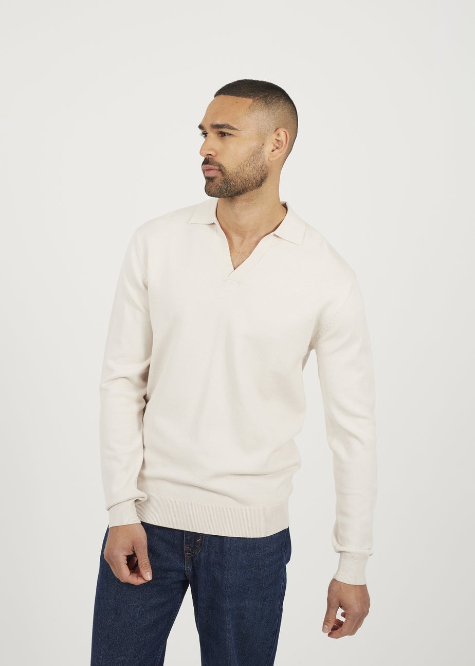 Brave Soul Cream Long Sleeve Trophy Neck Polo