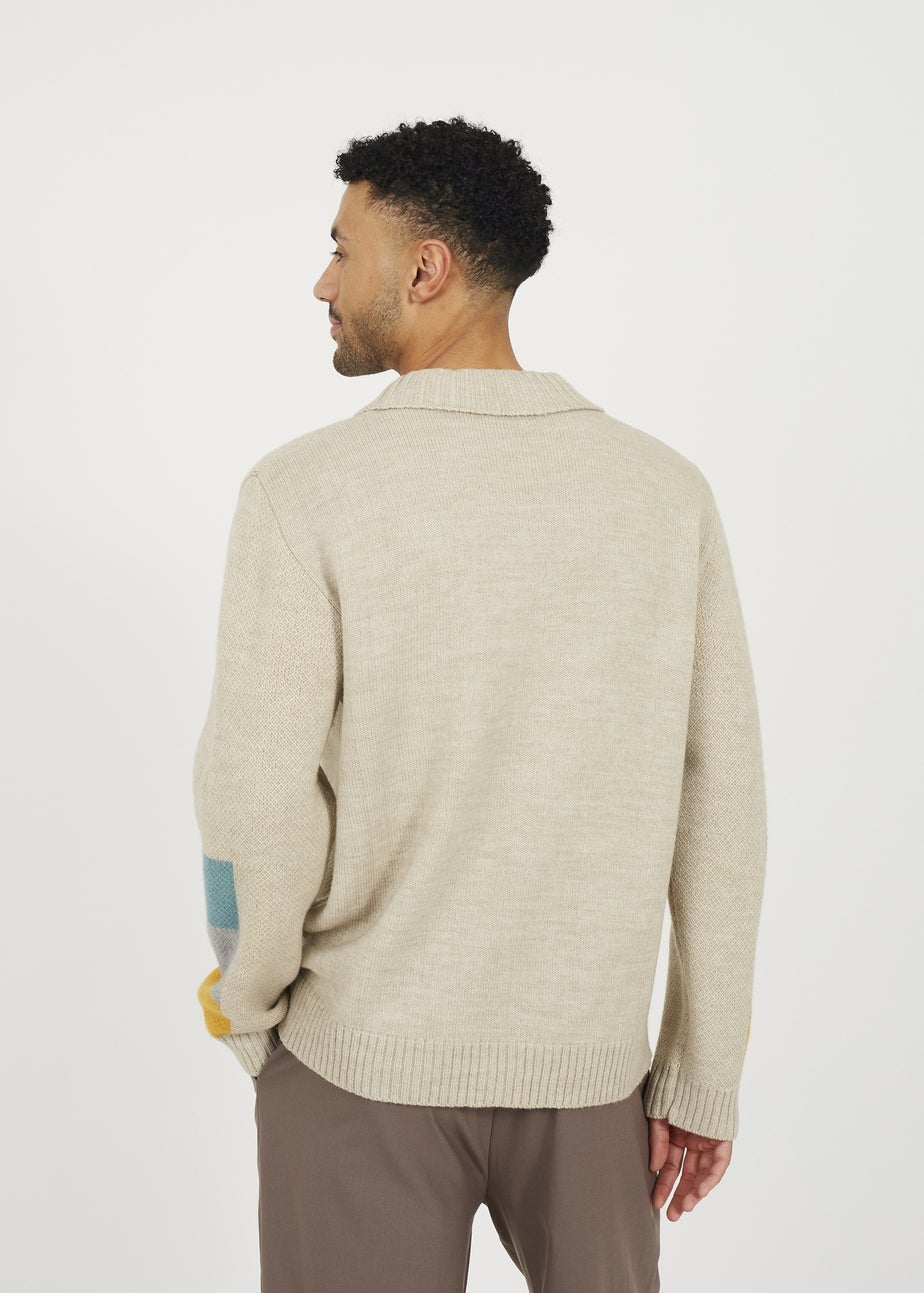 Brave Soul Beige Abstract Block Pattern Cardigan