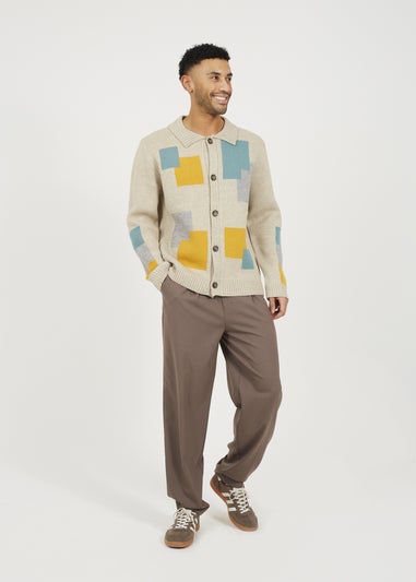 Brave Soul Beige Abstract Block Pattern Cardigan