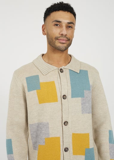 Brave Soul Beige Abstract Block Pattern Cardigan