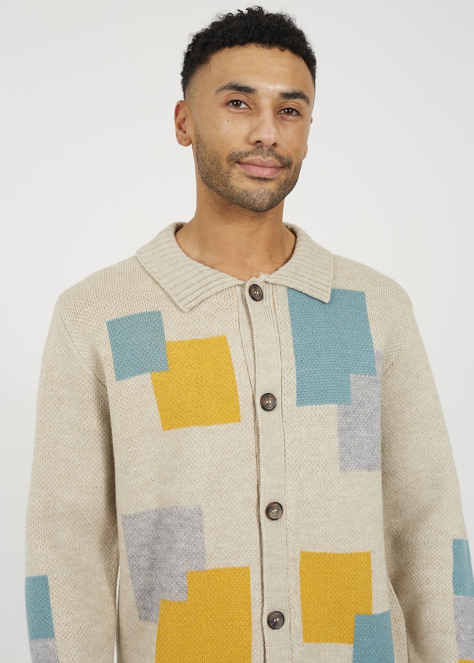 Brave Soul Beige Abstract Block Pattern Cardigan