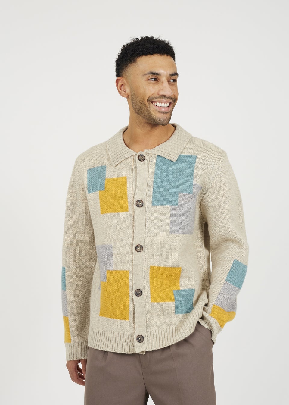 Brave Soul Beige Abstract Block Pattern Cardigan