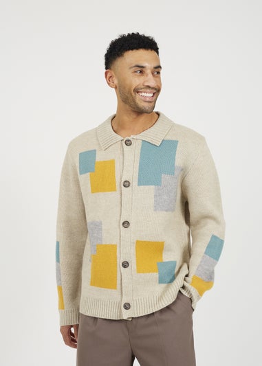 Brave Soul Beige Abstract Block Pattern Cardigan