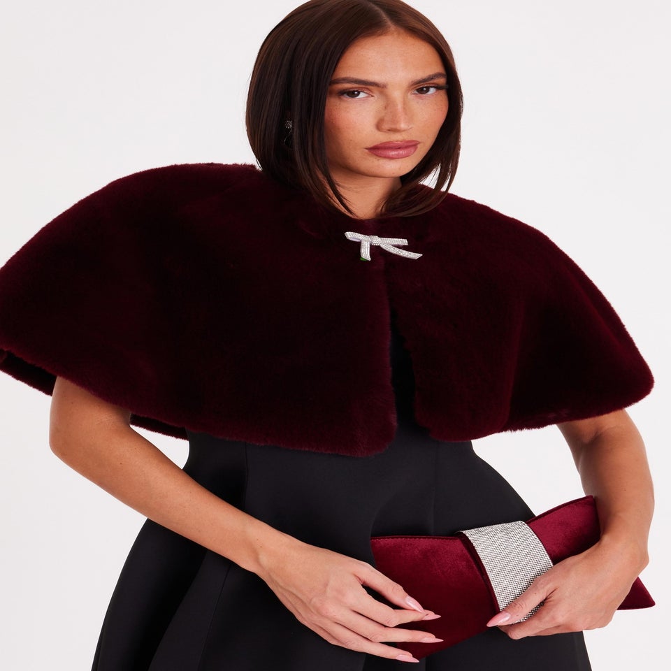 Quiz Burgundy Bow Detail Faux Fur Wrap