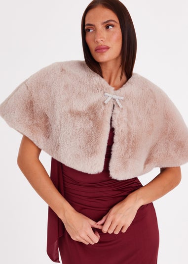 Quiz Beige Bow Detail Faux Fur Wrap