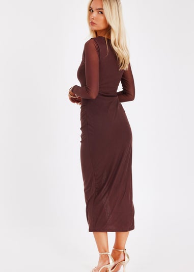 Quiz Brown Mesh Ruched Side Midaxi Dress