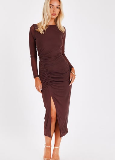 Quiz Brown Mesh Ruched Side Midaxi Dress