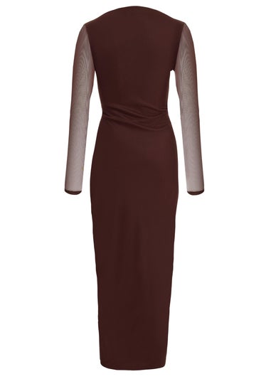 Quiz Brown Mesh Ruched Side Midaxi Dress