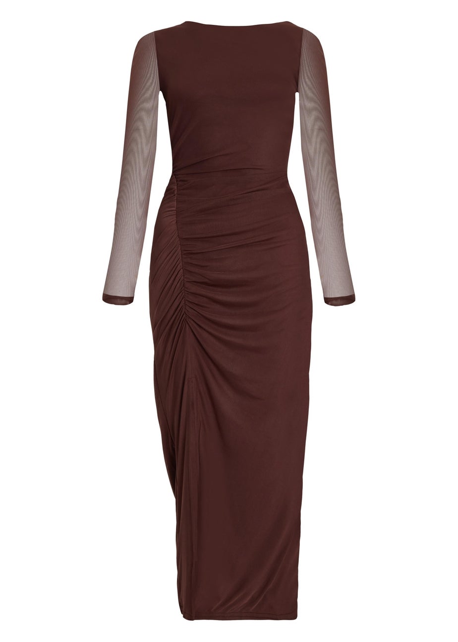 Quiz Brown Mesh Ruched Side Midaxi Dress