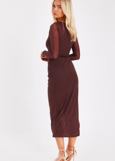 Quiz Brown Mesh Ruched Side Midaxi Dress