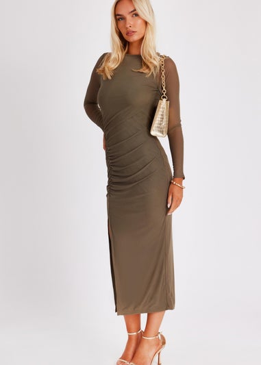 Quiz Khaki Mesh Ruched Side Midaxi Dress
