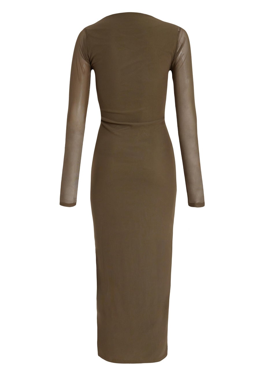 Quiz Khaki Mesh Ruched Side Midaxi Dress