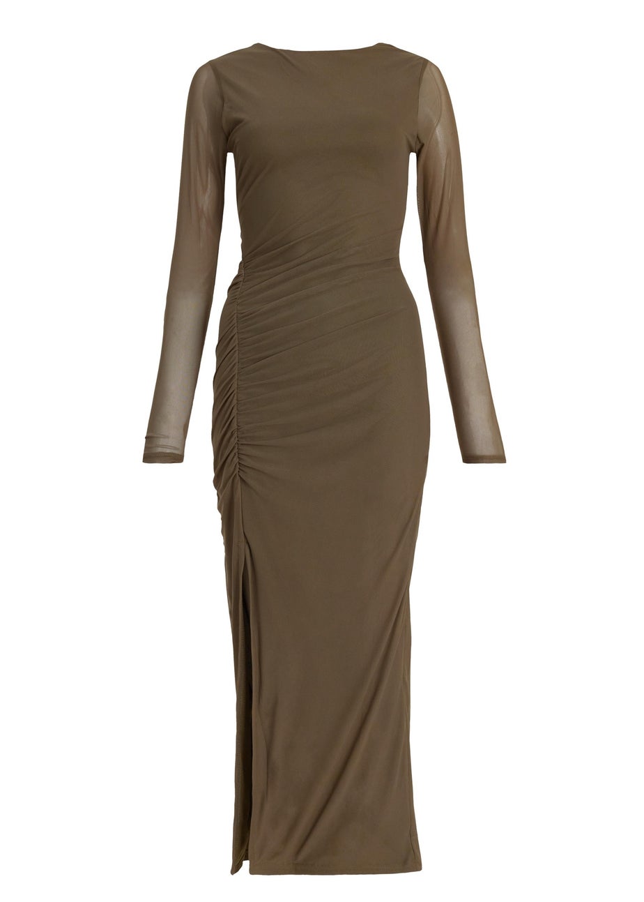 Quiz Khaki Mesh Ruched Side Midaxi Dress
