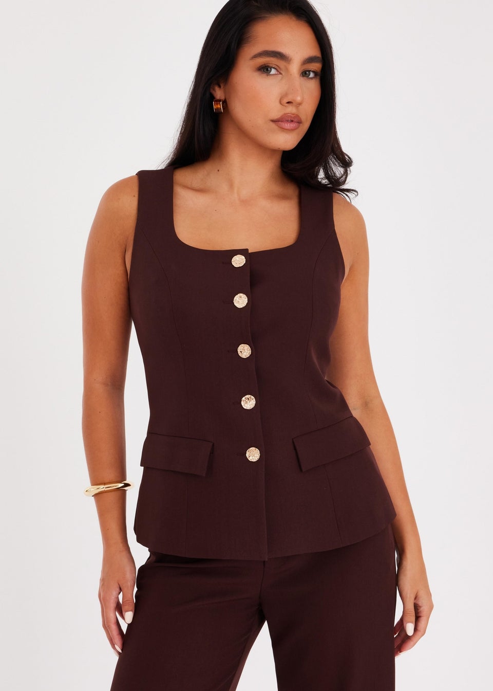 Quiz Brown Button Front Waistcoat