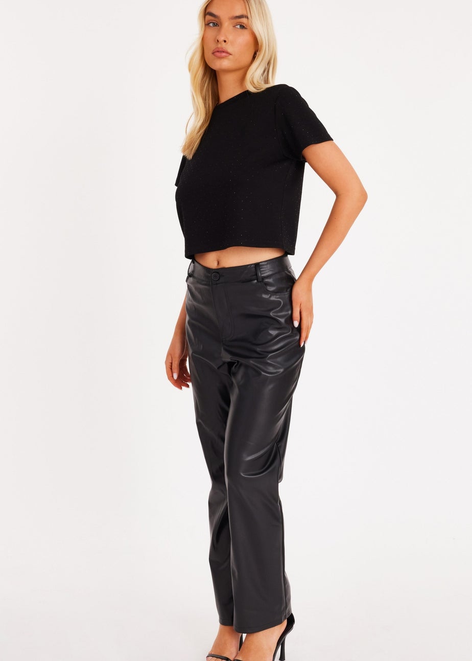 Quiz Black Diamante Cropped T-Shirt