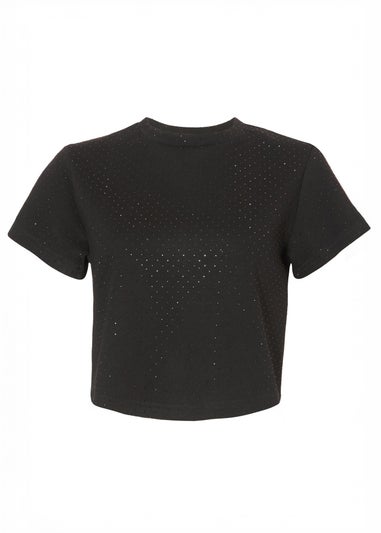 Quiz Black Diamante Cropped T-Shirt