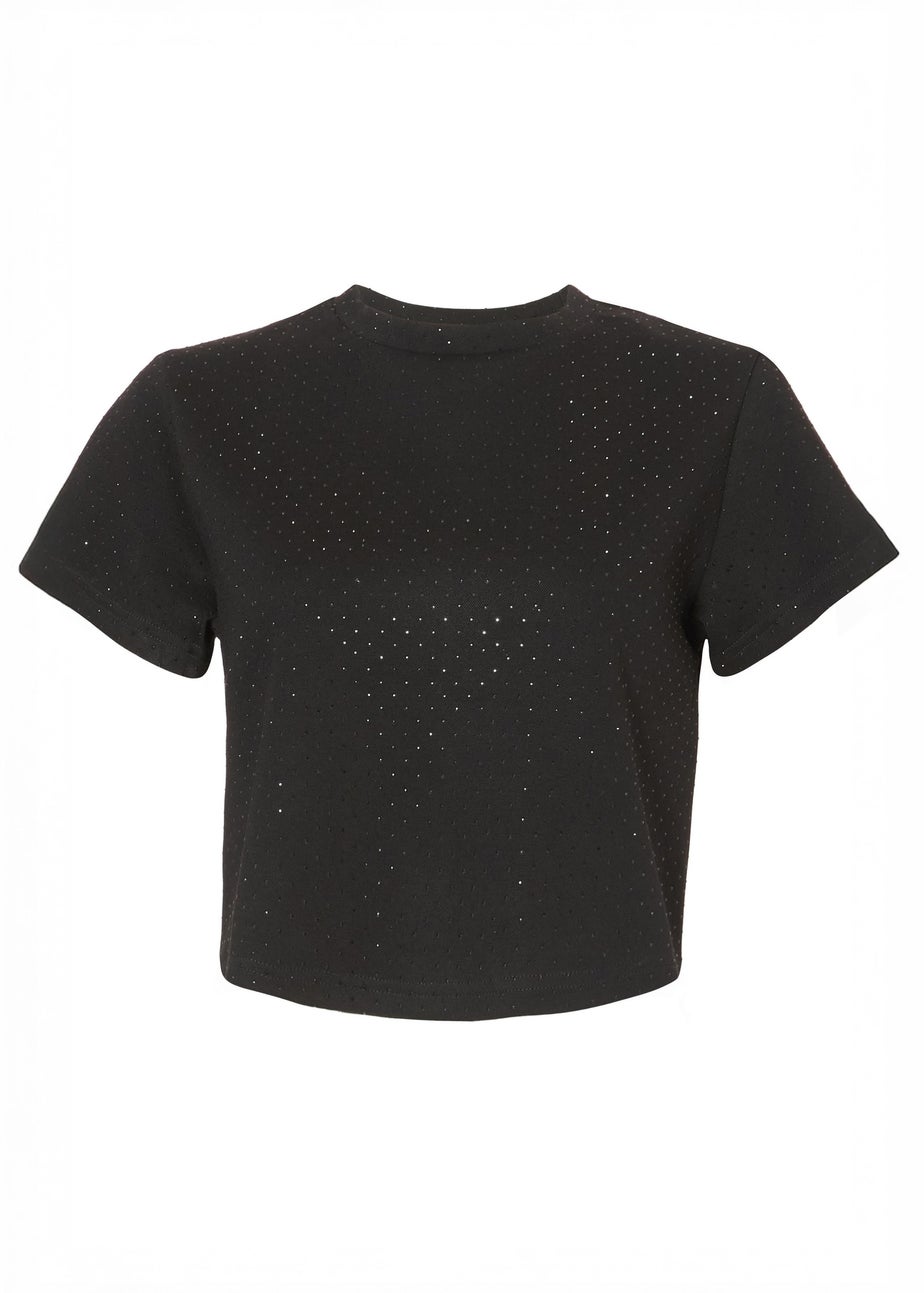 Quiz Black Diamante Cropped T-Shirt