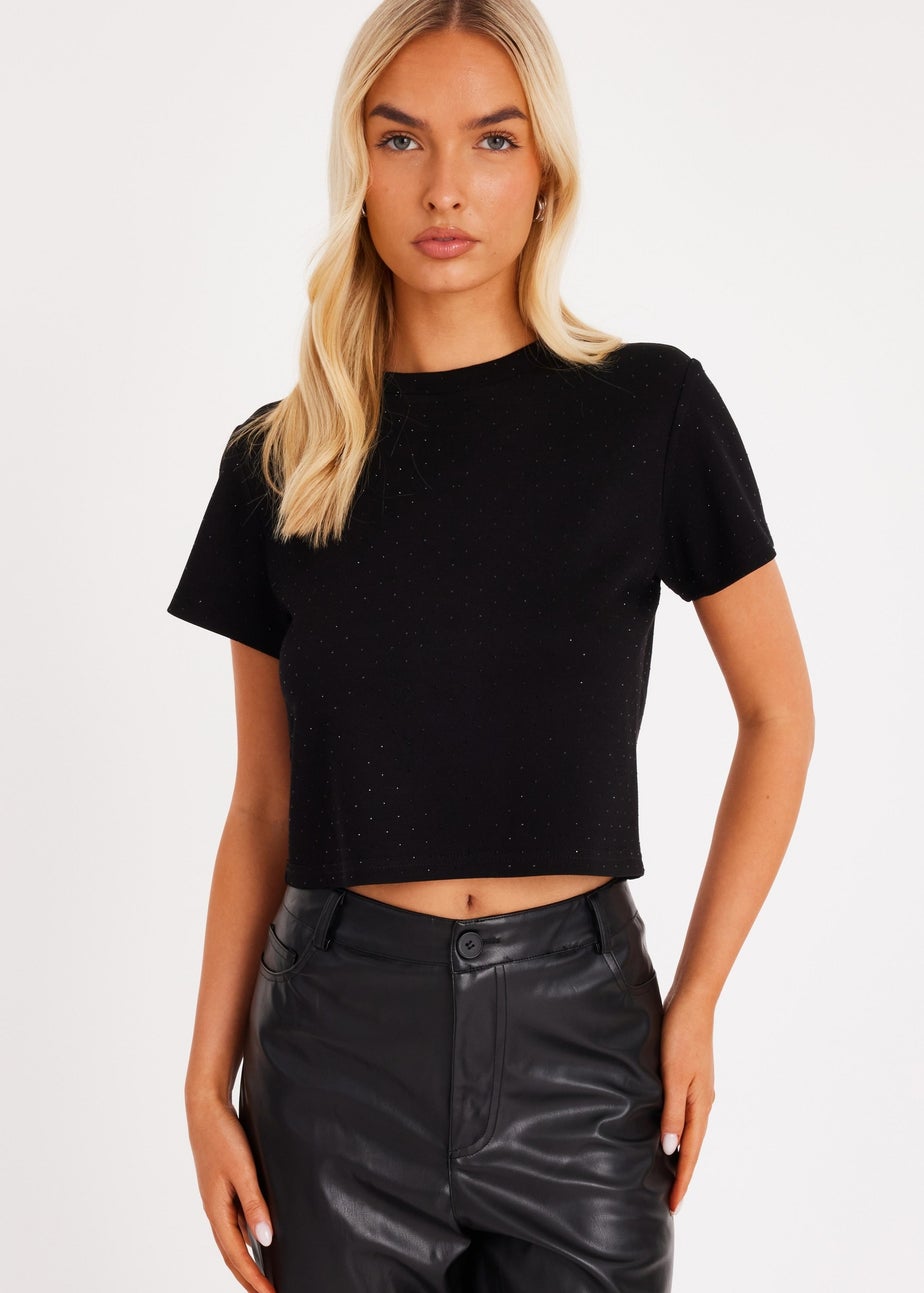 Quiz Black Diamante Cropped T-Shirt