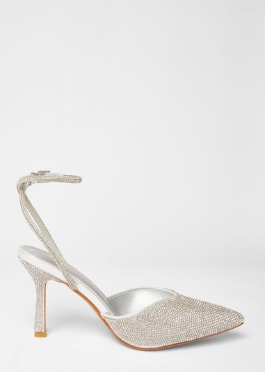 Quiz Silver Wide Fit Embellished Court Heels