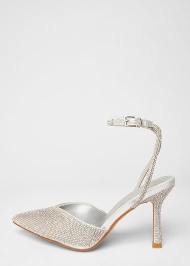 Quiz Silver Wide Fit Embellished Court Heels