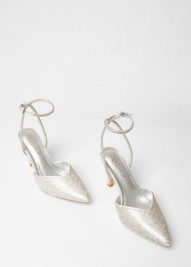 Quiz Silver Wide Fit Embellished Court Heels