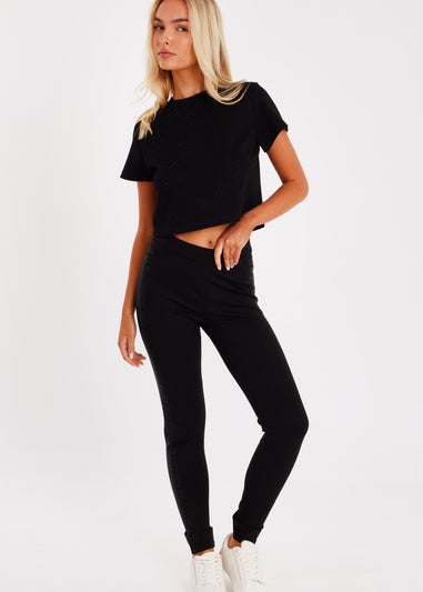 Quiz Black Diamante Side Leggings