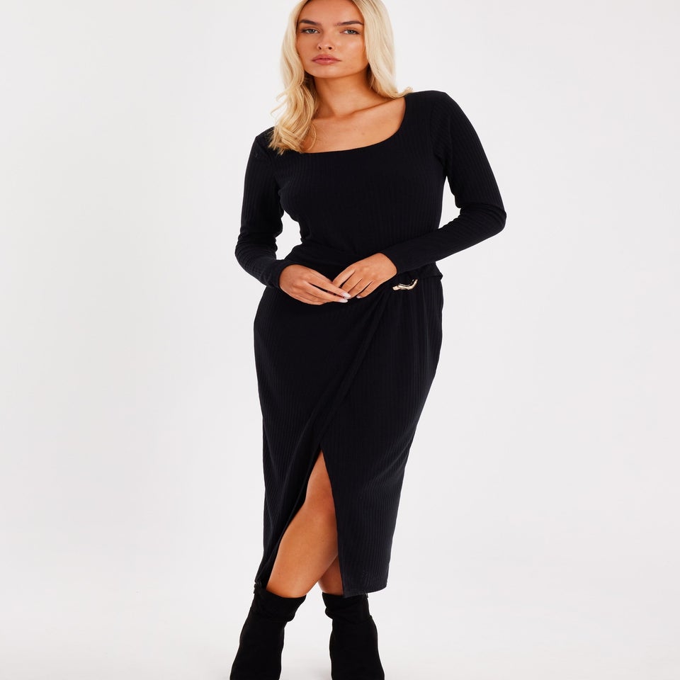 Quiz Black Ribbed Long Sleeve Midaxi Dress