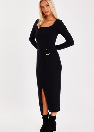 Quiz Black Ribbed Long Sleeve Midaxi Dress