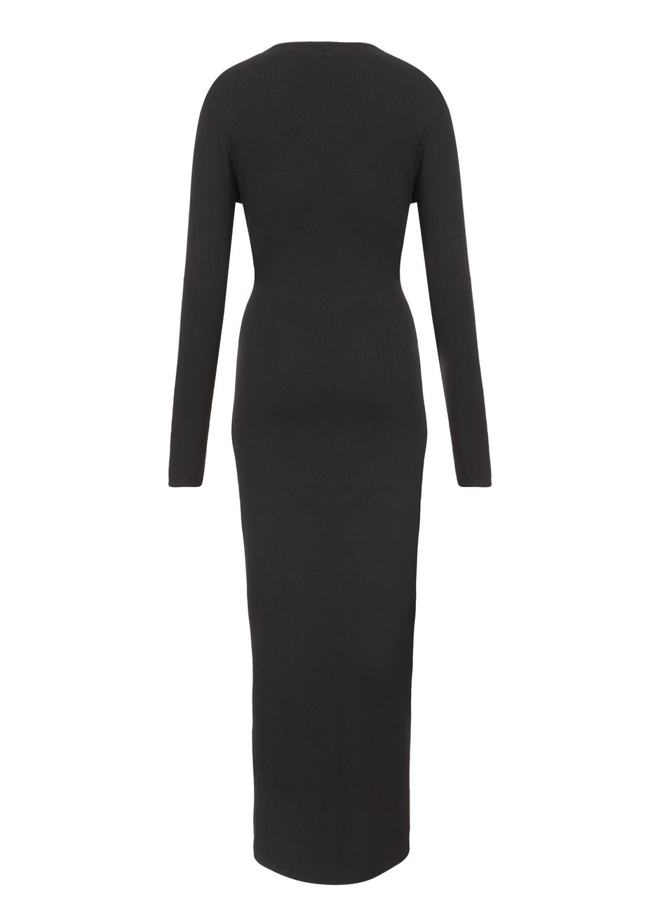 Quiz Black Ribbed Long Sleeve Midaxi Dress