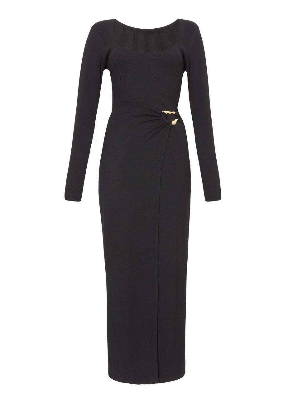 Quiz Black Ribbed Long Sleeve Midaxi Dress