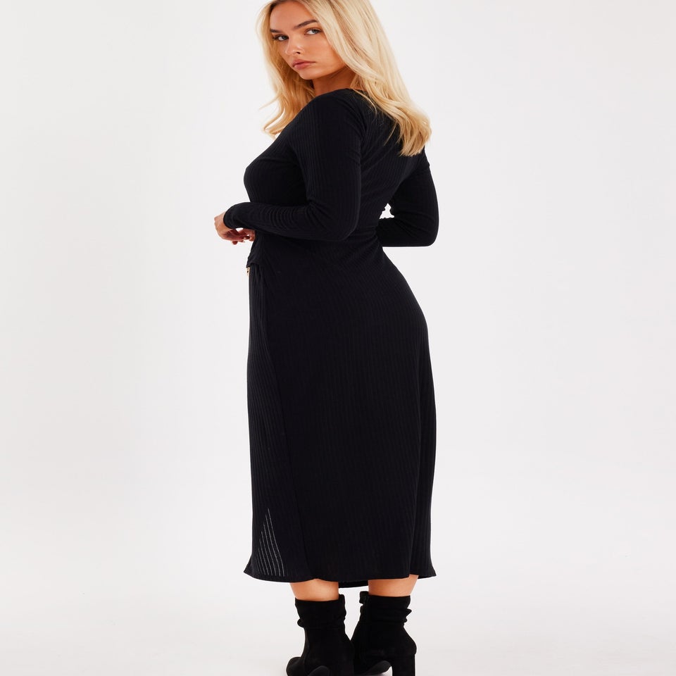 Quiz Black Ribbed Long Sleeve Midaxi Dress