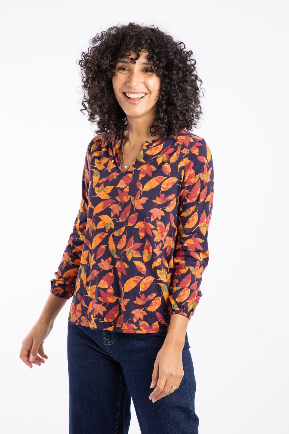 Weird Fish Night Blue Brooke Printed V Neck Jersey Top