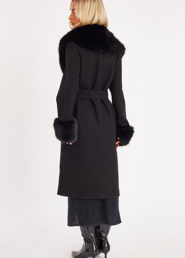 Quiz Black Faux Fur Trim Coat
